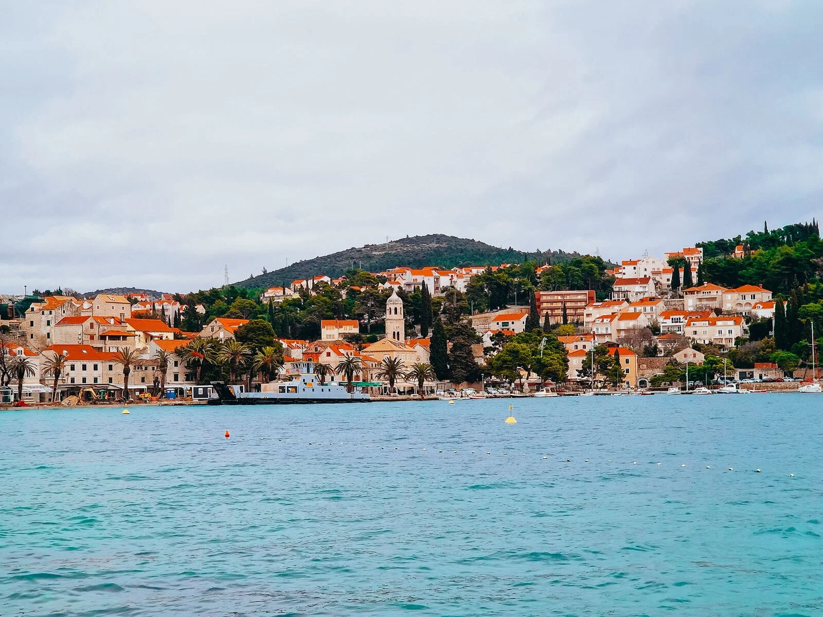 Blue water stretching out toward many white buildings with orange terra cotta roofs along green hills